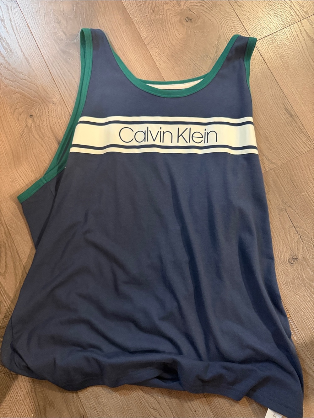 Calvin Klein Navy Swim Tank with Green Trim and White Stripe